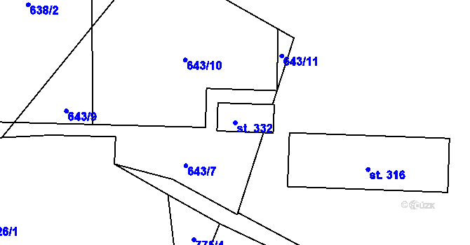 Parcela st. 332 v KÚ Dolní Radechová, Katastrální mapa