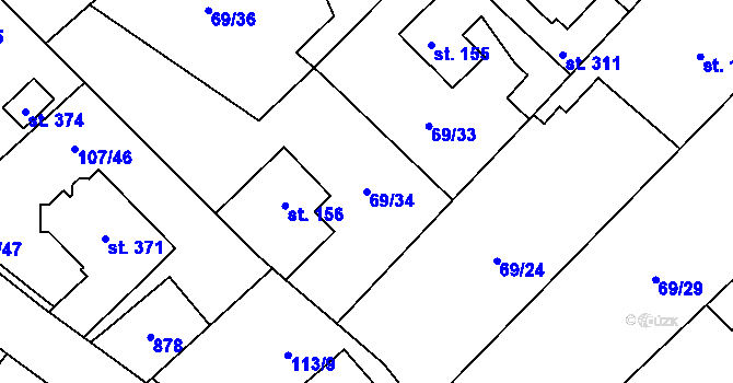 Parcela st. 69/34 v KÚ Dolní Radechová, Katastrální mapa