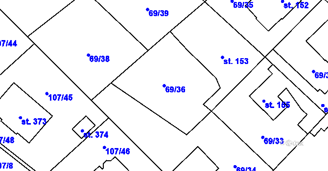 Parcela st. 69/36 v KÚ Dolní Radechová, Katastrální mapa