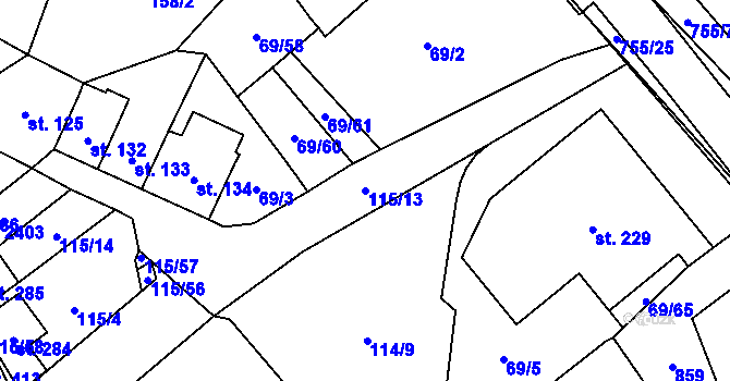 Parcela st. 115/13 v KÚ Dolní Radechová, Katastrální mapa