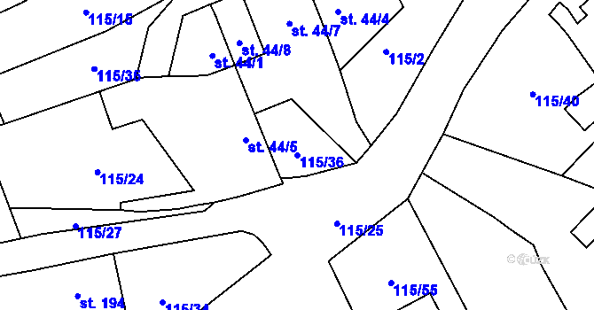 Parcela st. 115/36 v KÚ Dolní Radechová, Katastrální mapa