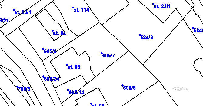 Parcela st. 605/7 v KÚ Dolní Radechová, Katastrální mapa