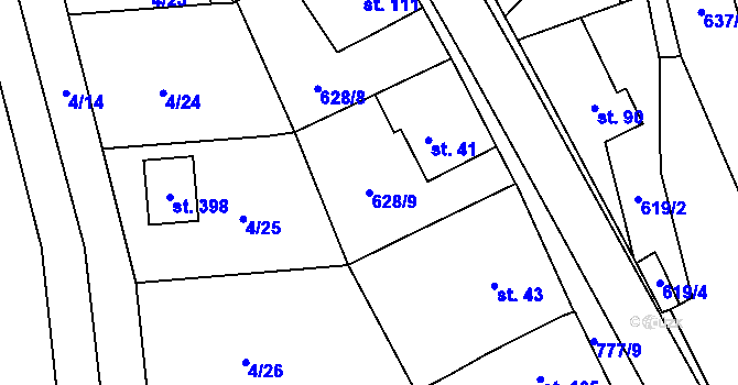 Parcela st. 628/9 v KÚ Dolní Radechová, Katastrální mapa
