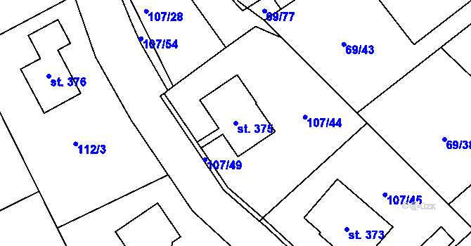 Parcela st. 375 v KÚ Dolní Radechová, Katastrální mapa