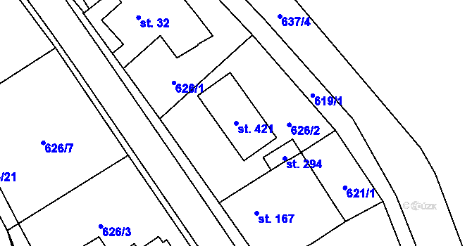 Parcela st. 421 v KÚ Dolní Radechová, Katastrální mapa