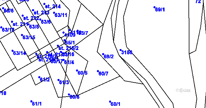 Parcela st. 69/2 v KÚ Dolní Radouň, Katastrální mapa