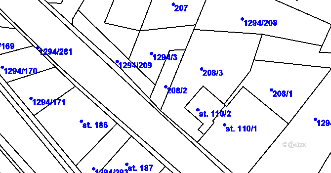 Parcela st. 208/2 v KÚ Dolní Roveň, Katastrální mapa