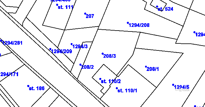 Parcela st. 208/3 v KÚ Dolní Roveň, Katastrální mapa