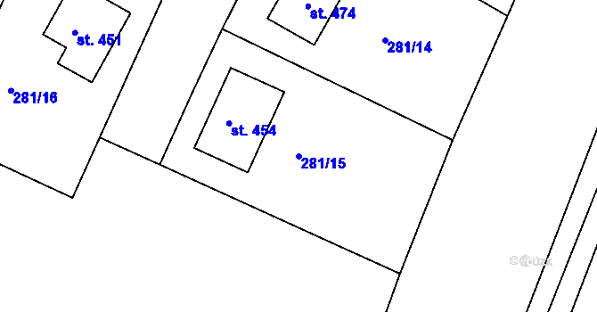 Parcela st. 281/15 v KÚ Dolní Roveň, Katastrální mapa