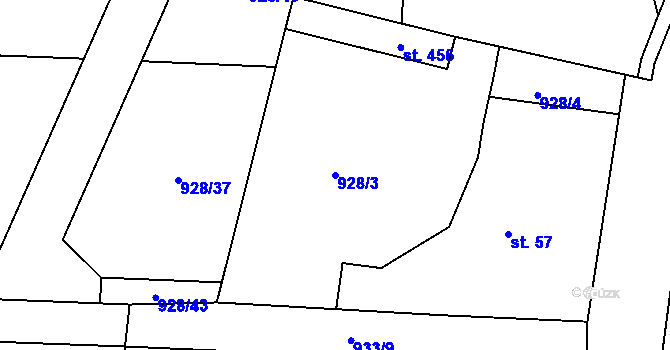 Parcela st. 928/3 v KÚ Dolní Ředice, Katastrální mapa