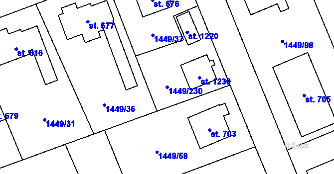 Parcela st. 1449/230 v KÚ Dolní Újezd u Litomyšle, Katastrální mapa