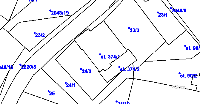 Parcela st. 374 v KÚ Dolní Žandov, Katastrální mapa