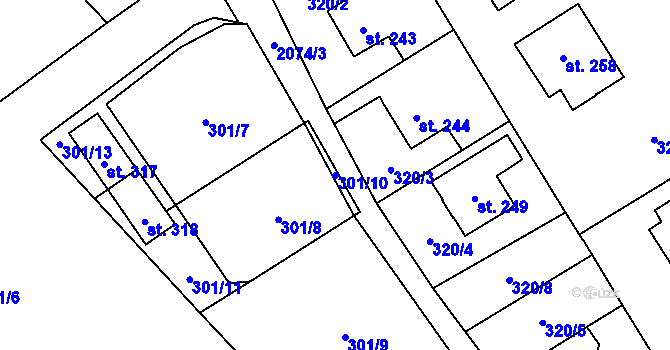 Parcela st. 301/10 v KÚ Dolní Žandov, Katastrální mapa