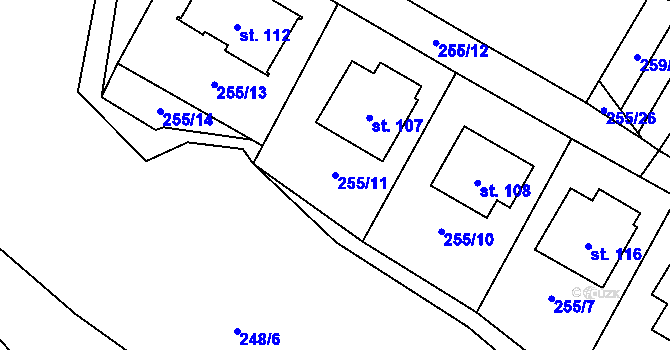 Parcela st. 255/11 v KÚ Domoradice, Katastrální mapa