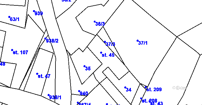 Parcela st. 45 v KÚ Domousnice, Katastrální mapa