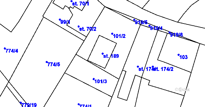 Parcela st. 189 v KÚ Domousnice, Katastrální mapa