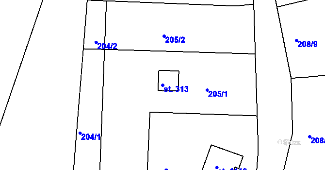 Parcela st. 313 v KÚ Doubí u Karlových Var, Katastrální mapa