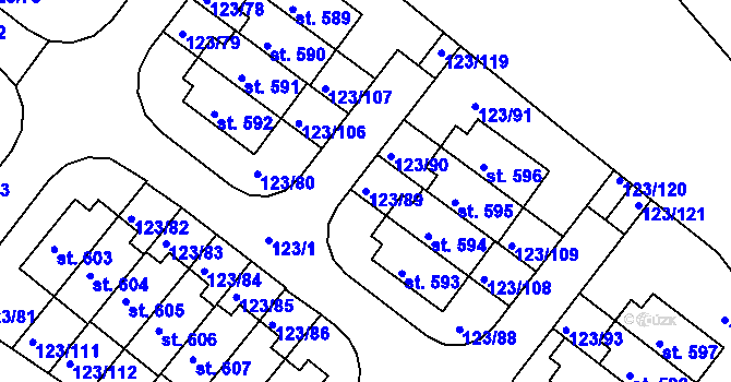 Parcela st. 123/89 v KÚ Tašovice, Katastrální mapa