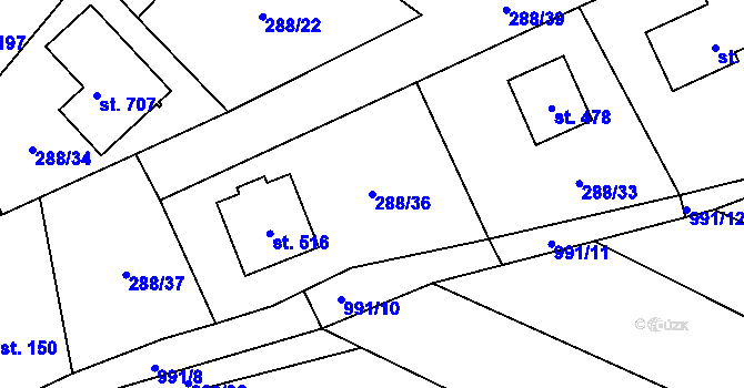 Parcela st. 288/36 v KÚ Doubravčice, Katastrální mapa