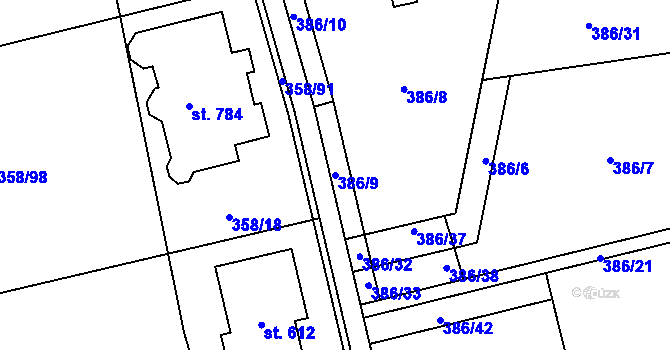 Parcela st. 386/9 v KÚ Doubravčice, Katastrální mapa
