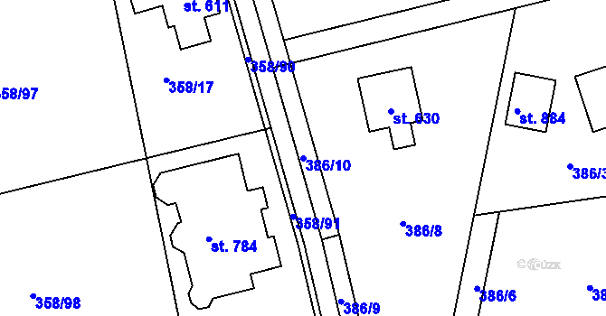 Parcela st. 386/10 v KÚ Doubravčice, Katastrální mapa