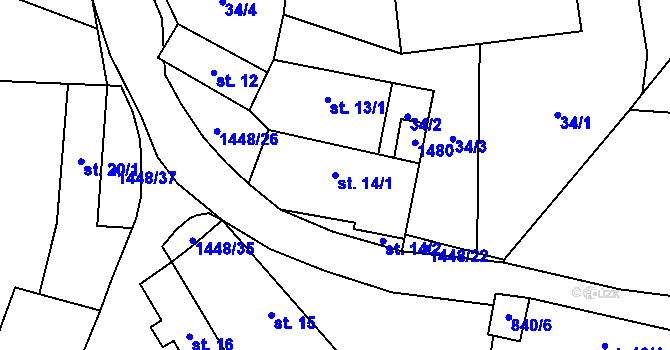 Parcela st. 14/1 v KÚ Doubravice u Strakonic, Katastrální mapa
