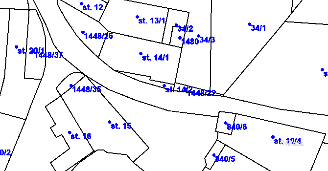 Parcela st. 14/2 v KÚ Doubravice u Strakonic, Katastrální mapa