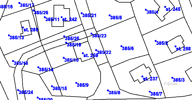 Parcela st. 385/22 v KÚ Doubravice u Dvora Králové, Katastrální mapa