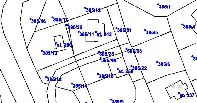 Parcela st. 385/25 v KÚ Doubravice u Dvora Králové, Katastrální mapa