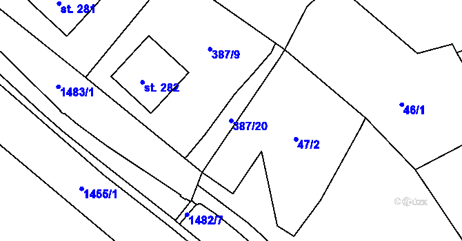 Parcela st. 387/20 v KÚ Doubravy, Katastrální mapa