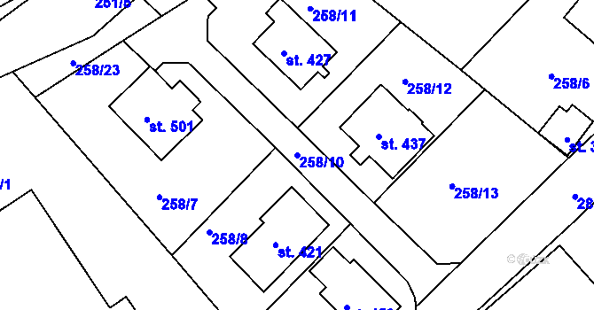 Parcela st. 258/10 v KÚ Doudleby, Katastrální mapa