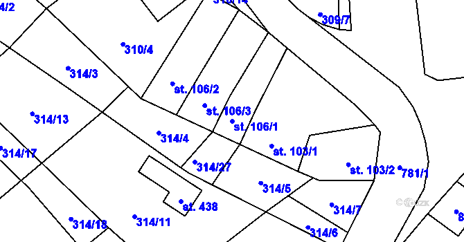 Parcela st. 106/1 v KÚ Drahanovice, Katastrální mapa