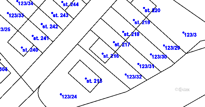 Parcela st. 216 v KÚ Drahelčice, Katastrální mapa