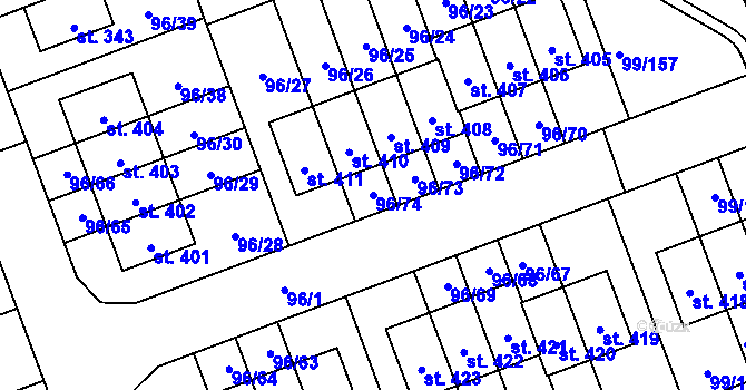 Parcela st. 96/74 v KÚ Drahelčice, Katastrální mapa