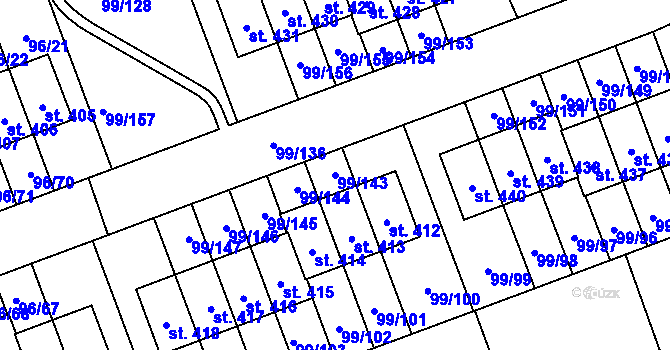 Parcela st. 99/143 v KÚ Drahelčice, Katastrální mapa