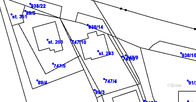 Parcela st. 203 v KÚ Drahlín, Katastrální mapa
