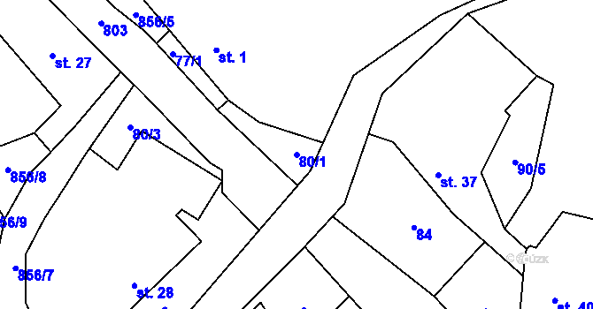 Parcela st. 80/1 v KÚ Drahobudice, Katastrální mapa