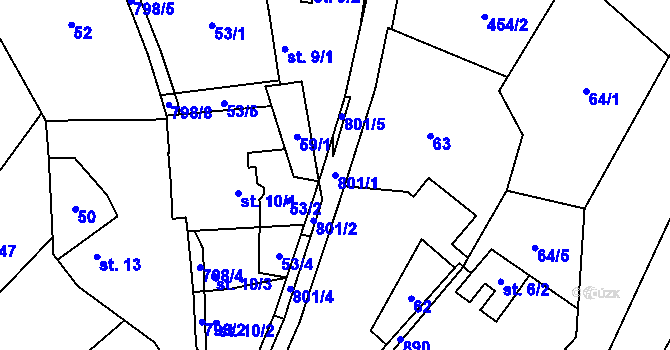 Parcela st. 801/1 v KÚ Drahobudice, Katastrální mapa