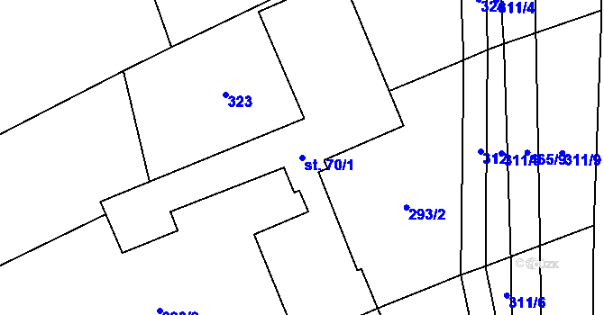 Parcela st. 70/1 v KÚ Břehoryje, Katastrální mapa