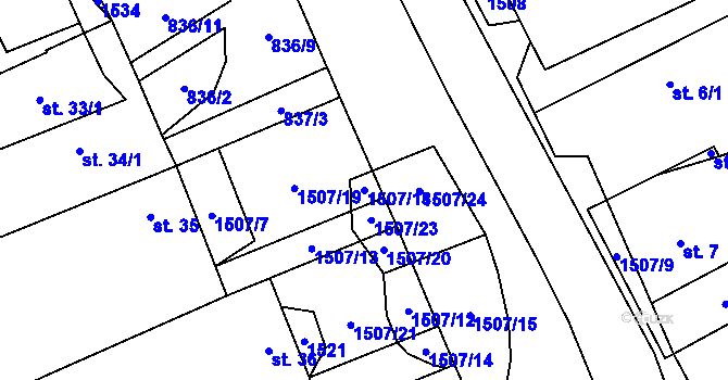 Parcela st. 1507/18 v KÚ Drahonín, Katastrální mapa