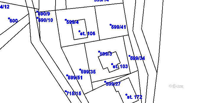 Parcela st. 599/3 v KÚ Drahoňův Újezd, Katastrální mapa