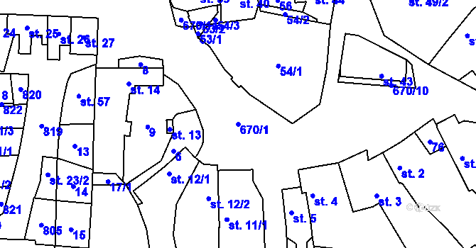 Parcela st. 670/1 v KÚ Drahoňův Újezd, Katastrální mapa