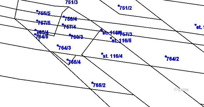 Parcela st. 116/4 v KÚ Meziříčí, Katastrální mapa