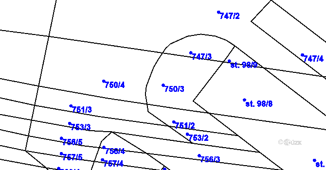 Parcela st. 750/3 v KÚ Meziříčí, Katastrální mapa