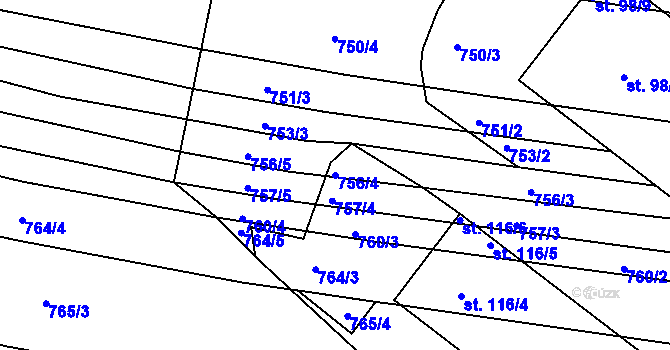 Parcela st. 756/4 v KÚ Meziříčí, Katastrální mapa