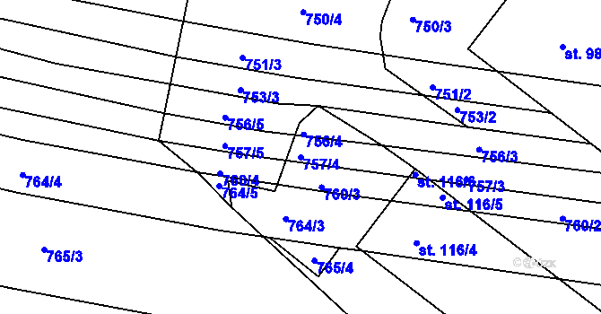 Parcela st. 757/4 v KÚ Meziříčí, Katastrální mapa