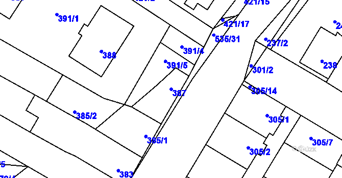 Parcela st. 387 v KÚ Drnholec, Katastrální mapa