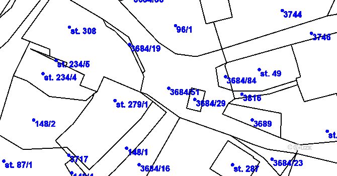 Parcela st. 3684/51 v KÚ Drnovice u Valašských Klobouk, Katastrální mapa