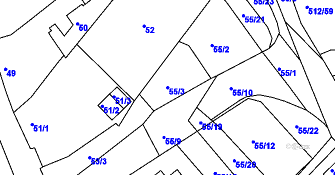 Parcela st. 55/3 v KÚ Droužkovice, Katastrální mapa