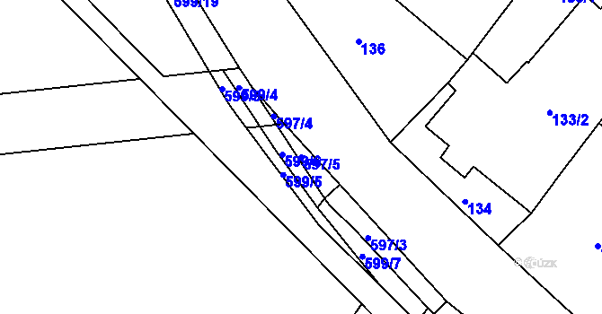 Parcela st. 597/5 v KÚ Droužkovice, Katastrální mapa